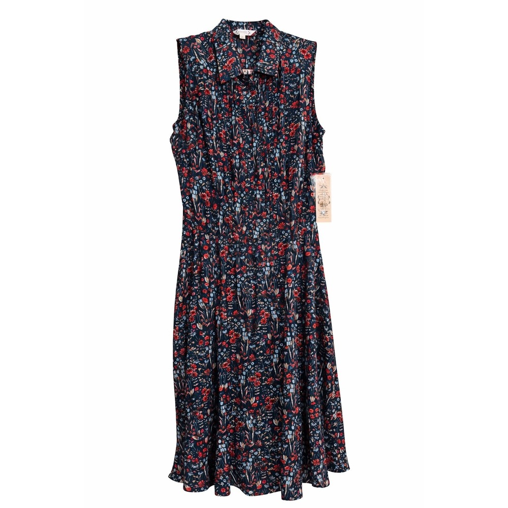 Nanette Lepore Floral Midi Dress Size 8 Navy Button Front NWT MSRP $128